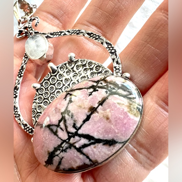 925 Pink Peruvian Opal + Moonstone Necklace Pendant - Picture 3 of 7